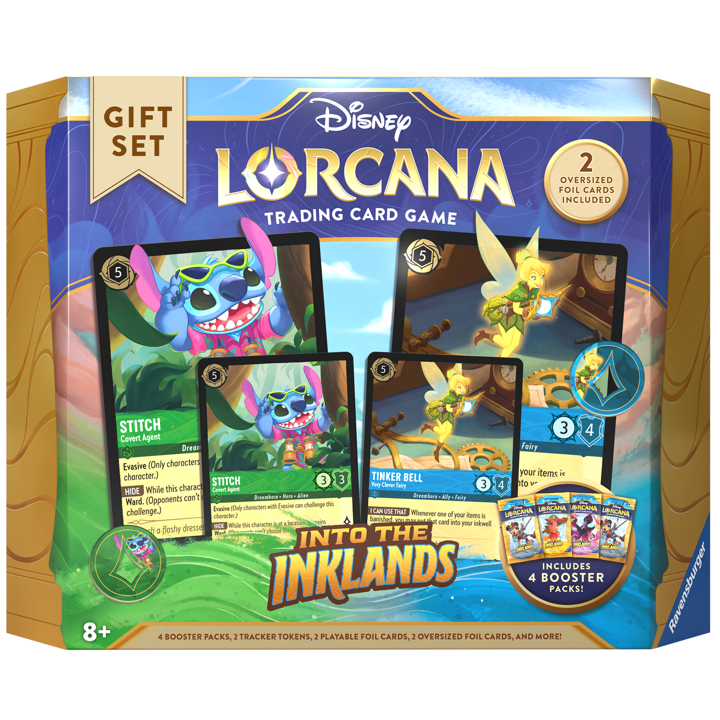 Disney Lorcana Into The Inklands Gift Set with jumbo-sized promo cards of Stitch and Tinker Bell