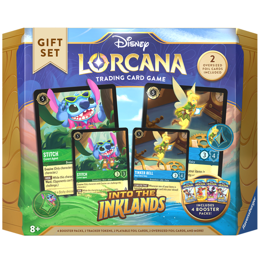 Disney Lorcana Into The Inklands Gift Set with jumbo-sized promo cards of Stitch and Tinker Bell