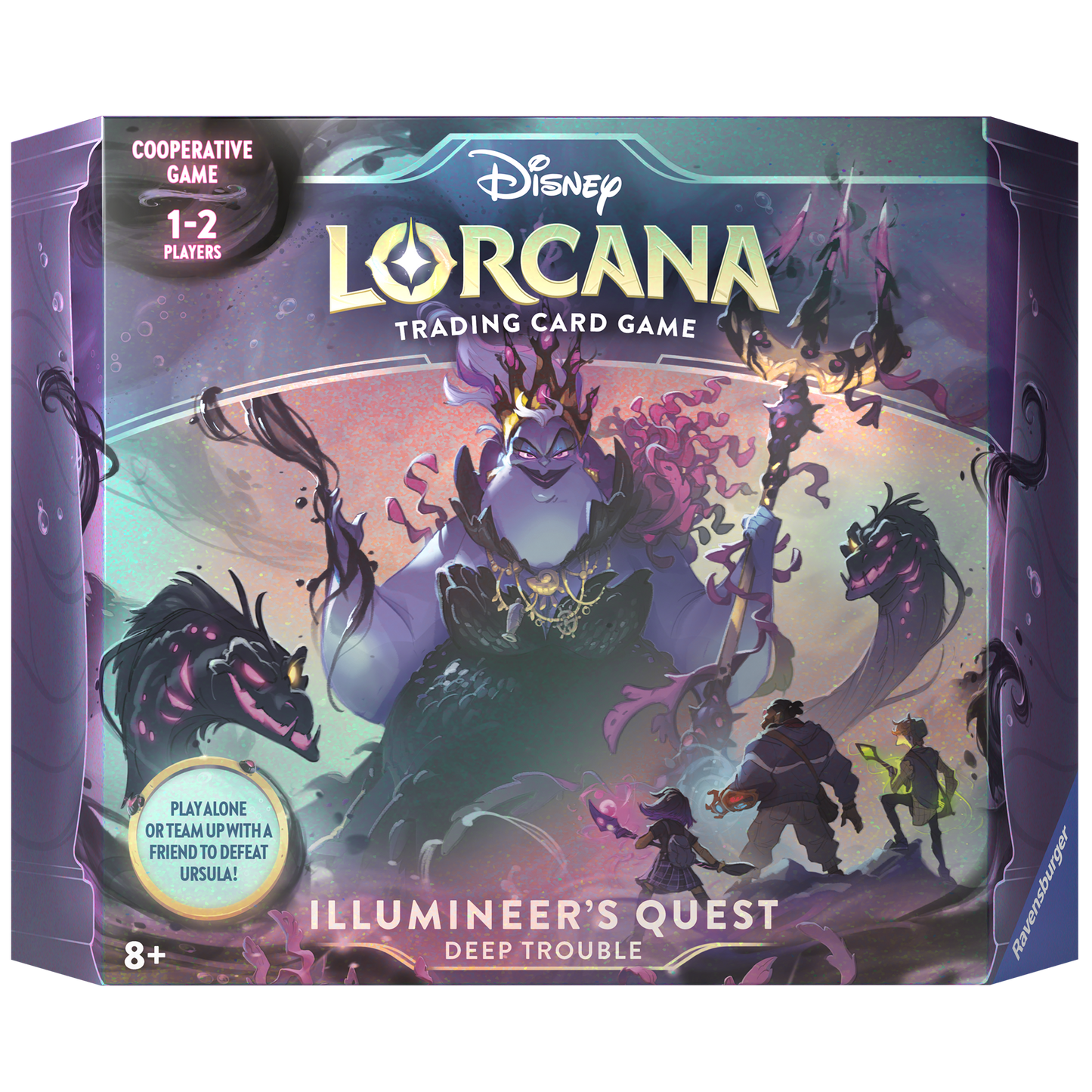 Front of the box for Disney Lorcana: Illumineer's Quest: Deep Trouble, featuring Ursula as the villain