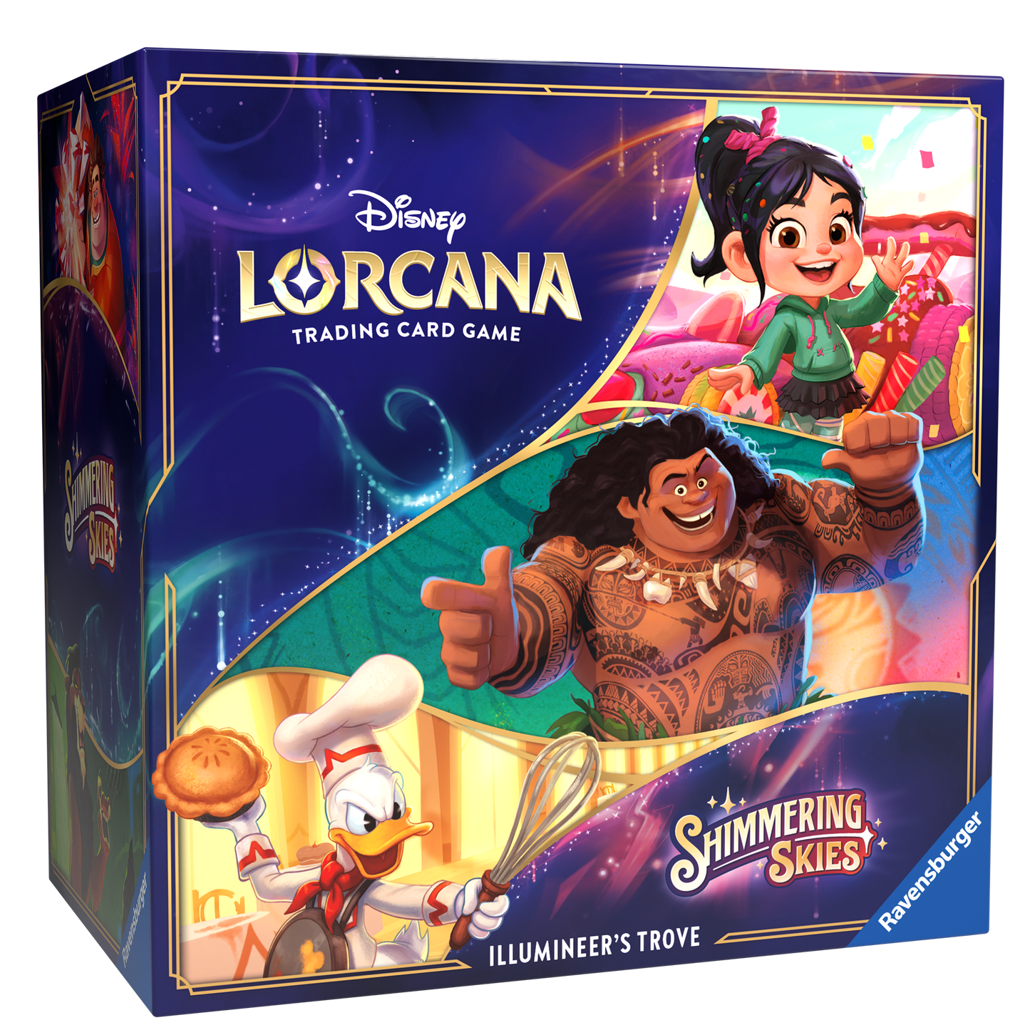 Front of the box for Disney Lorcana: Shimmering Skies - Illumineer's Trove. The front of the box features Vanellope, Maui, and Donald Duck.