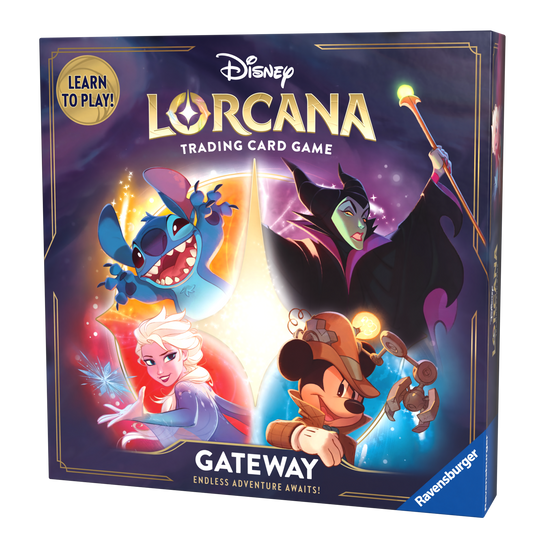 Disney Lorcana: Gateway, a boxed set meant to help new players learn the game. Stitch, Maleficent, Elsa, and Mickey are depicted on the cover of the box.