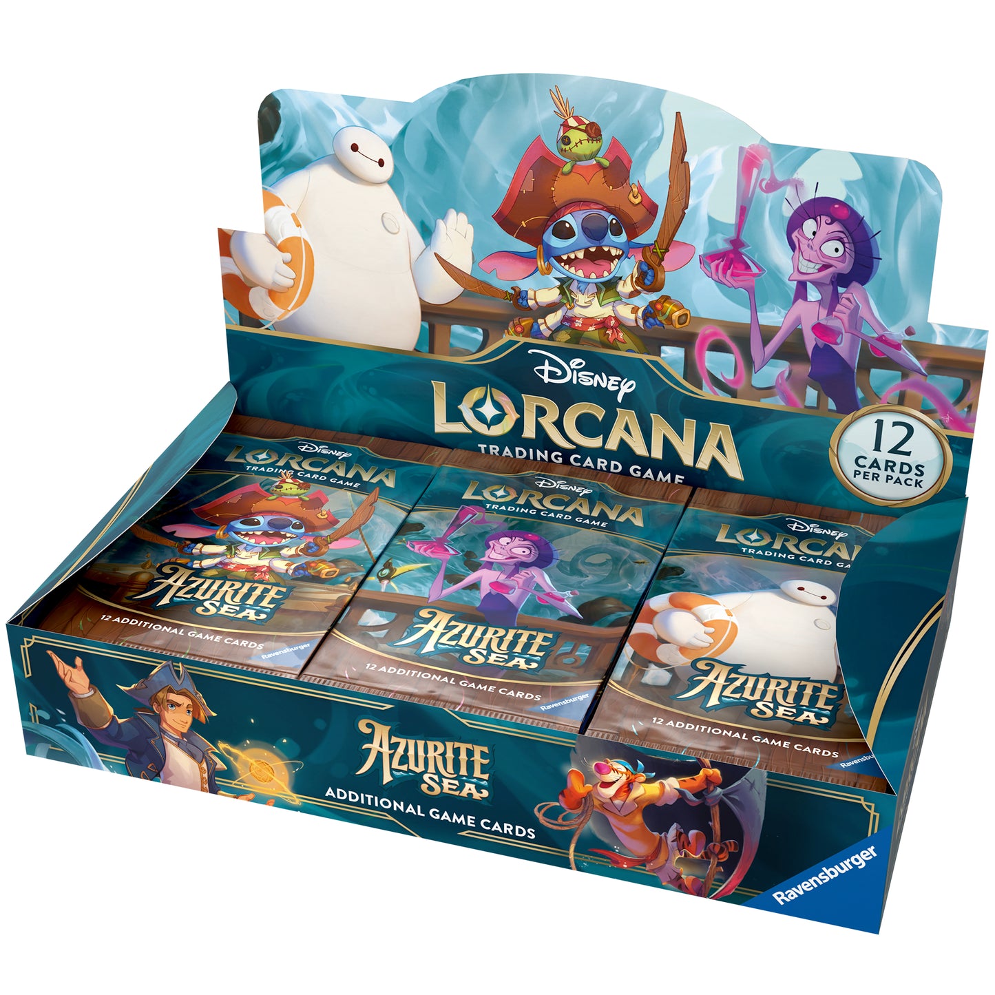 Disney Lorcana: Azurite Sea booster box with 24 packs, opened to show the stacks of packs inside