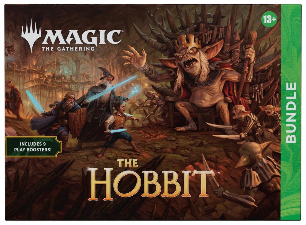 Packaging for 'Magic: The Gathering' featuring 'The Hobbit' set with characters like Gandalf and Gimli on the front