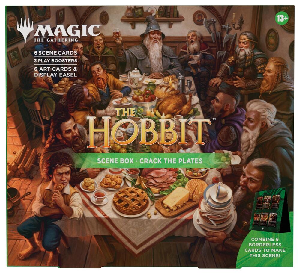 Package art for 'The Hobbit' themed set of 'Magic: The Gathering' with Gandalf and the Dwarves sitting around a dinner feast with a perturbed Bilbo Baggins