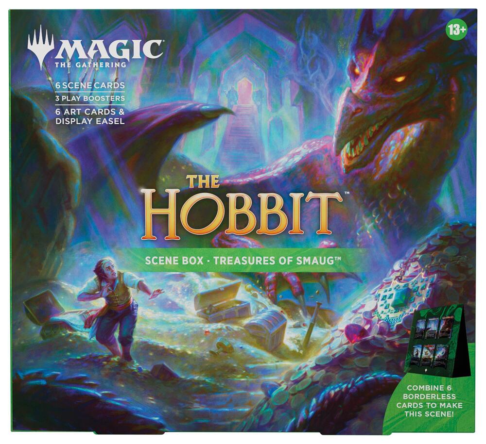 Packaging art featuring 'The Hobbit' set theme of Magic: the Gathering with Smaug and Bilbo Baggins on the artwork