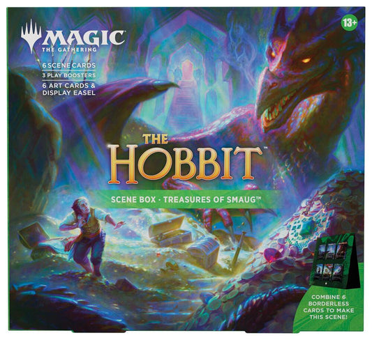 Packaging art featuring 'The Hobbit' set theme of Magic: the Gathering with Smaug and Bilbo Baggins on the artwork