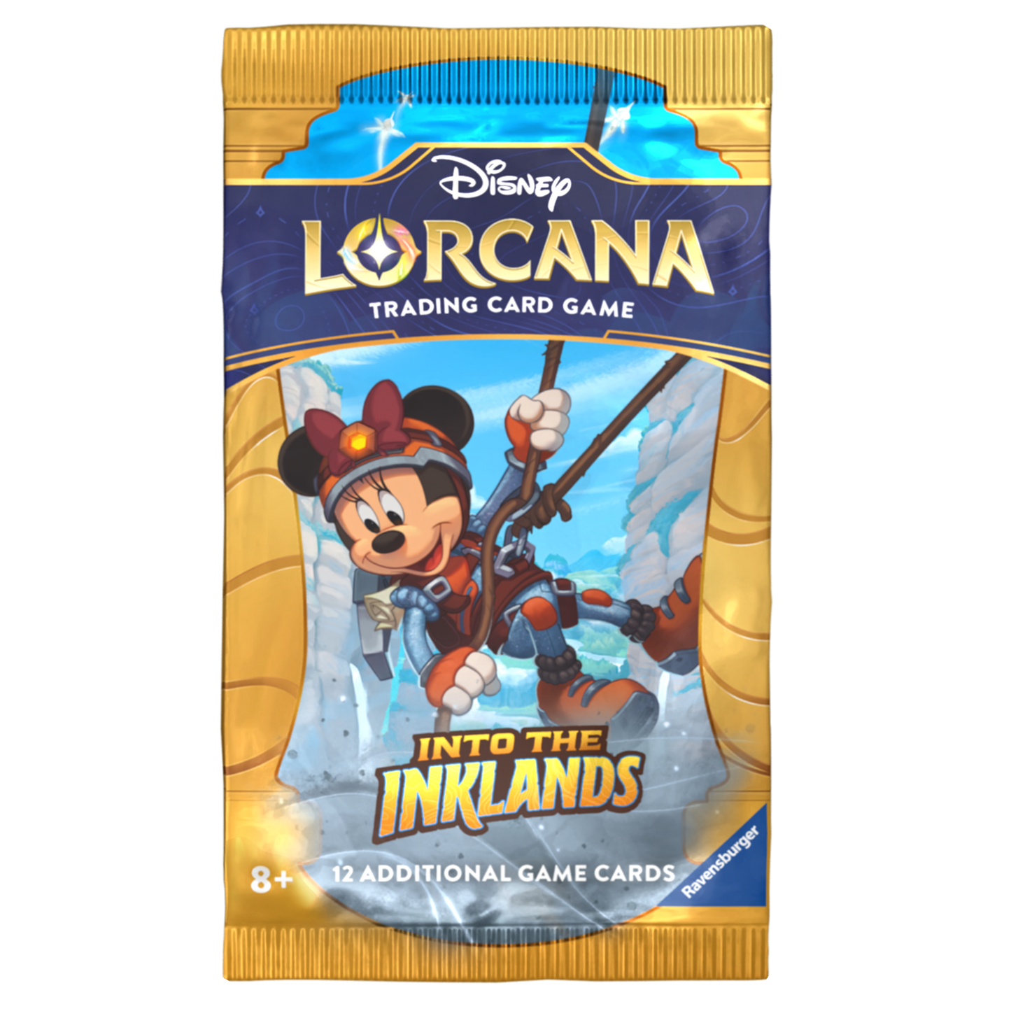 Disney Lorcana: Into the Inklands booster pack, this image featuring Minnie Mouse rappelling down a cliffside in mountain climbing gear