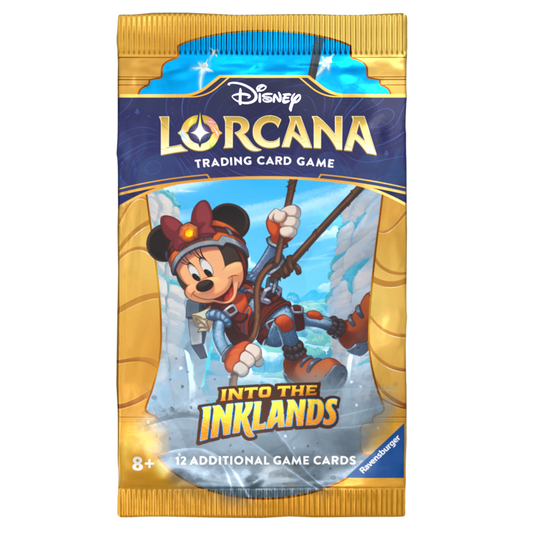 Disney Lorcana: Into the Inklands booster pack, this image featuring Minnie Mouse rappelling down a cliffside in mountain climbing gear