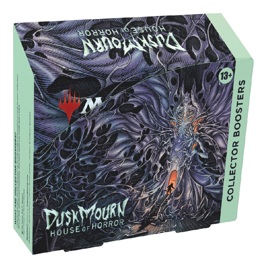 MTG Duskmourn Collector Boosters Display. The box depicts a silhouette of someone carefully tiptoeing into a glowing doorway that is opening from the abdomen of a huge, nightmarish moth with tattered wings that seem to furl out endlessly.