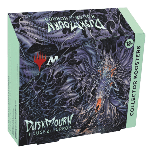 MTG Duskmourn Collector Boosters Display. The box depicts a silhouette of someone carefully tiptoeing into a glowing doorway that is opening from the abdomen of a huge, nightmarish moth with tattered wings that seem to furl out endlessly.