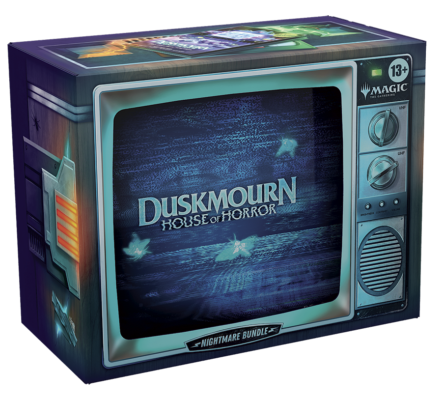 MTG Duskmourn House of Horror Nightmare Bundle. The bundle box is designed to look like an old-fashioned CRT TV with dials on the side. Ghostly moths are depicted in the eerie static of the TV screen on the front.