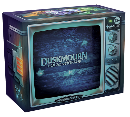 MTG Duskmourn House of Horror Nightmare Bundle. The bundle box is designed to look like an old-fashioned CRT TV with dials on the side. Ghostly moths are depicted in the eerie static of the TV screen on the front.