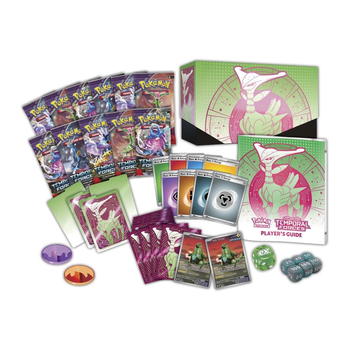 Pokemon Center ETB Iron Leaves contents, showing cards, sleeves, dice, and more