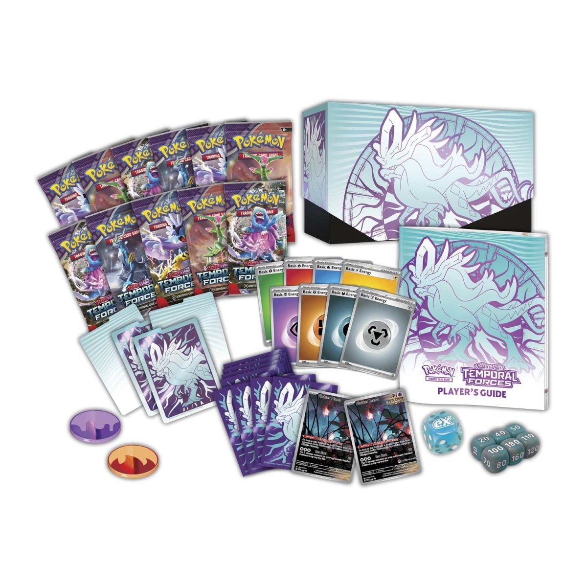 Pokemon Center ETB Walking Wake contents, showing cards, sleeves, dice, and more