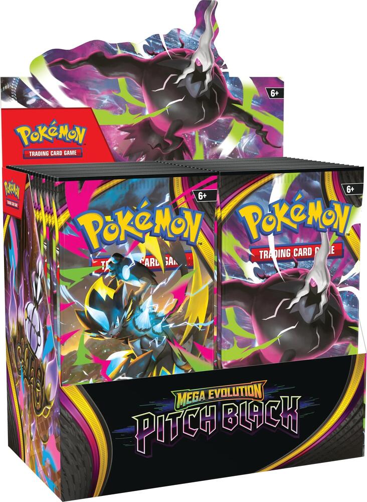Booster box image of Pokemon Pitch Black set with Mega Darkrai and Zeraora on the front