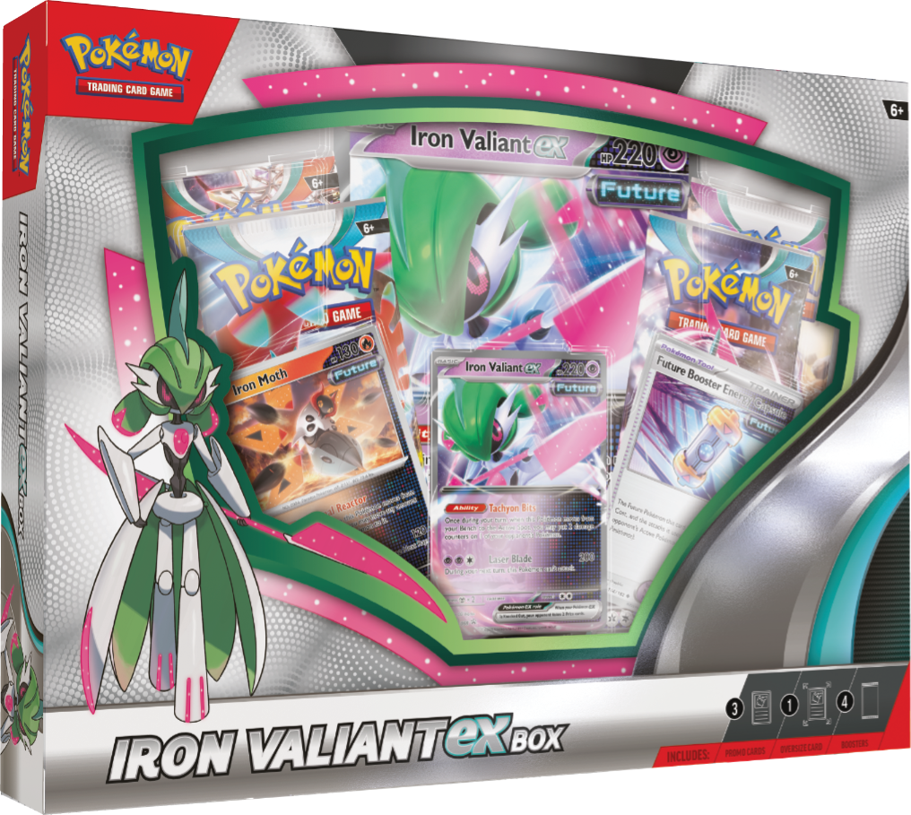 Pokemon TCG ex box set featuring Iron Valiant, containing 4 booster packs, and special cards