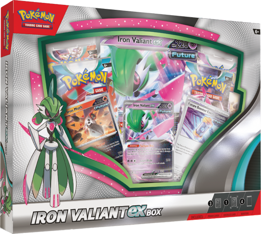 Pokemon TCG ex box set featuring Iron Valiant, containing 4 booster packs, and special cards