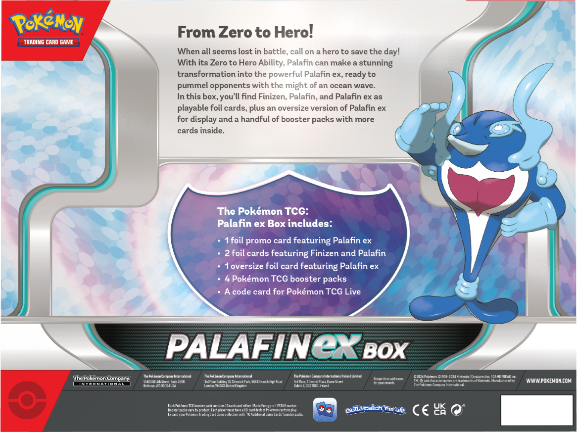 Palafin ex Box back, the Pokemon Palafin is literally a dolphin with blue gloves and a watery cape lol