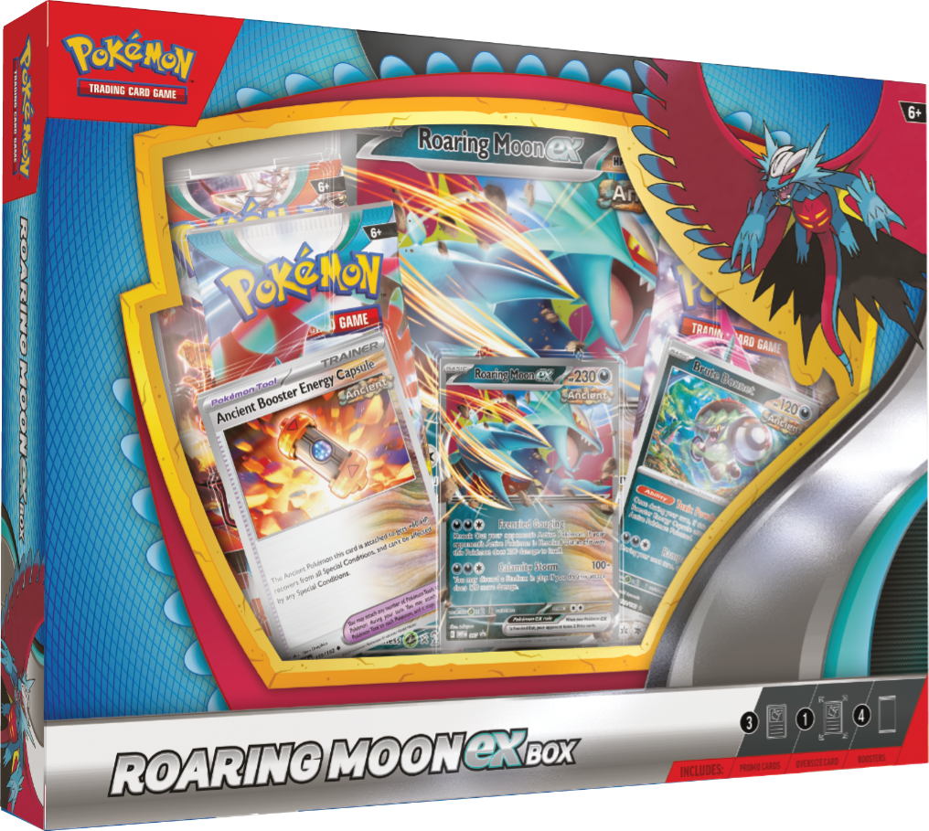 Pokemon box set featuring Roaring Moon that contains 4 booster packs and some special cards