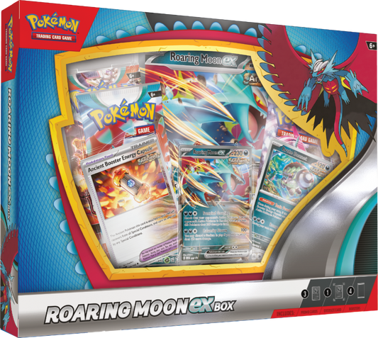 Pokemon box set featuring Roaring Moon that contains 4 booster packs and some special cards