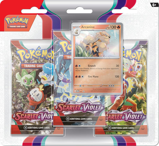 A set that contains 3 packs of Scarlet & Violet packs and an Arcanine promo card. The Arcanine has Crunch and Fire Mane as its moves.