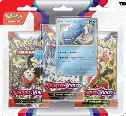 Package with 3 packs of Scarlet & Violet and a Dondozo promo card. The move set for this Dondozo is Hammer In and Dangerous Wave.