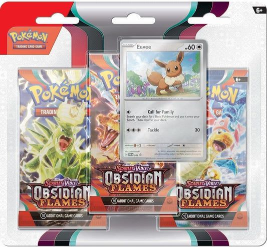 Package contains 3 Obsidian Flames packs and an Eevee promo card. The Eevee has the moves Call for Family and Tackle.