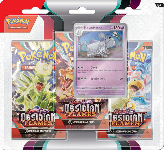 Package contains 3 Obsidian Flames packs and a Houndstone promo card. The Houndstone has the moves Delve and Spooky Shot.