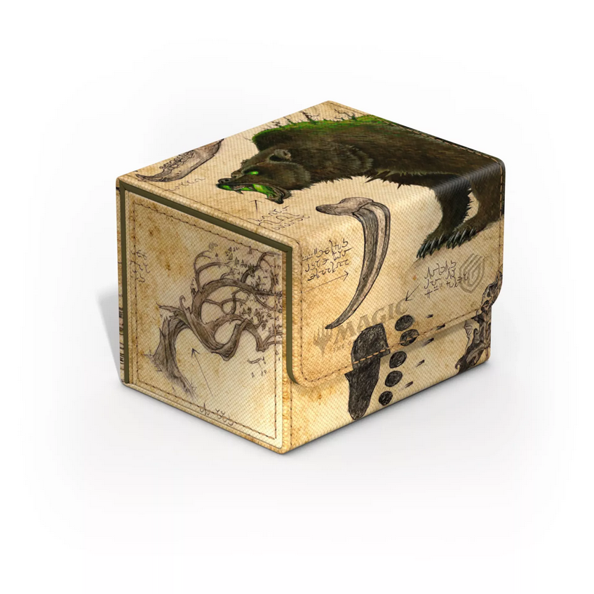 Deck box featuring art of the earthy green Lumra Calamity Beast in Magic: The Gathering Bloomburrow. The beast resembles a grizzly bear overgrown with moss and with glowing green eyes and mouth opened wide in a roar. 