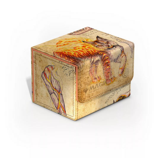 Deck box featuring art of the fiery Sunspine Lynx in Magic: The Gathering Bloomburrow. The beast resembles a lynx with fiery eyes and claws, and it has flames bursting through its fur.