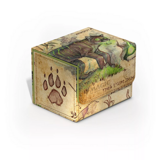 Deck box featuring art of the ominous Ygra Calamity Beast in Magic: The Gathering Bloomburrow. The beast resembles a tiger with menacingly glowing green eyes, stripes, and mouth.