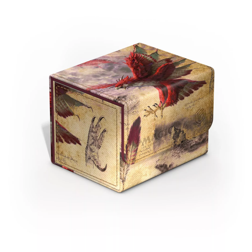 Deck box featuring art of the blood-red Dragonhawk Calamity Beast in Magic: The Gathering Bloomburrow. It has nice detail art of the creature's talons and feathers.