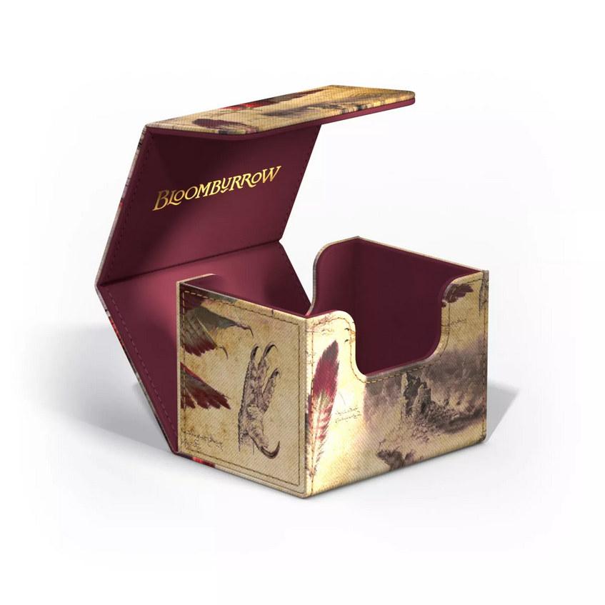 The Dragonhawk deck box opened up, showing how the box opens and revealing a golden Bloomburrow logo