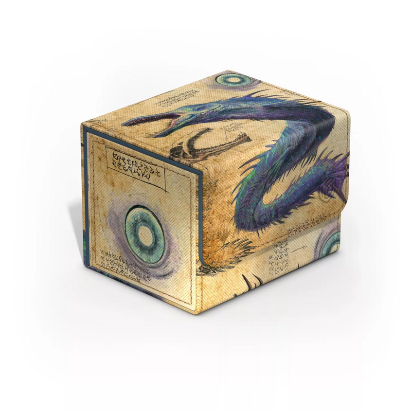 Deck box featuring art of the spiny blue Eluge Calamity Beast in Magic: The Gathering Bloomburrow. The beast looks like a long, blue, aquatic dragon covered in spines.