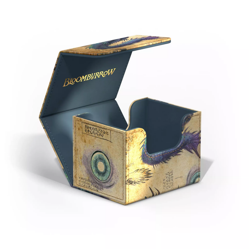 The Eluge deck box opened up, showing how the box opens and revealing a golden Bloomburrow logo