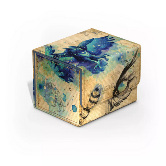 Deck box featuring art of the cloudy blue Maha Calamity Beast in Magic: The Gathering Bloomburrow. It has nice detail art of the creature's talons and feathers and eye.