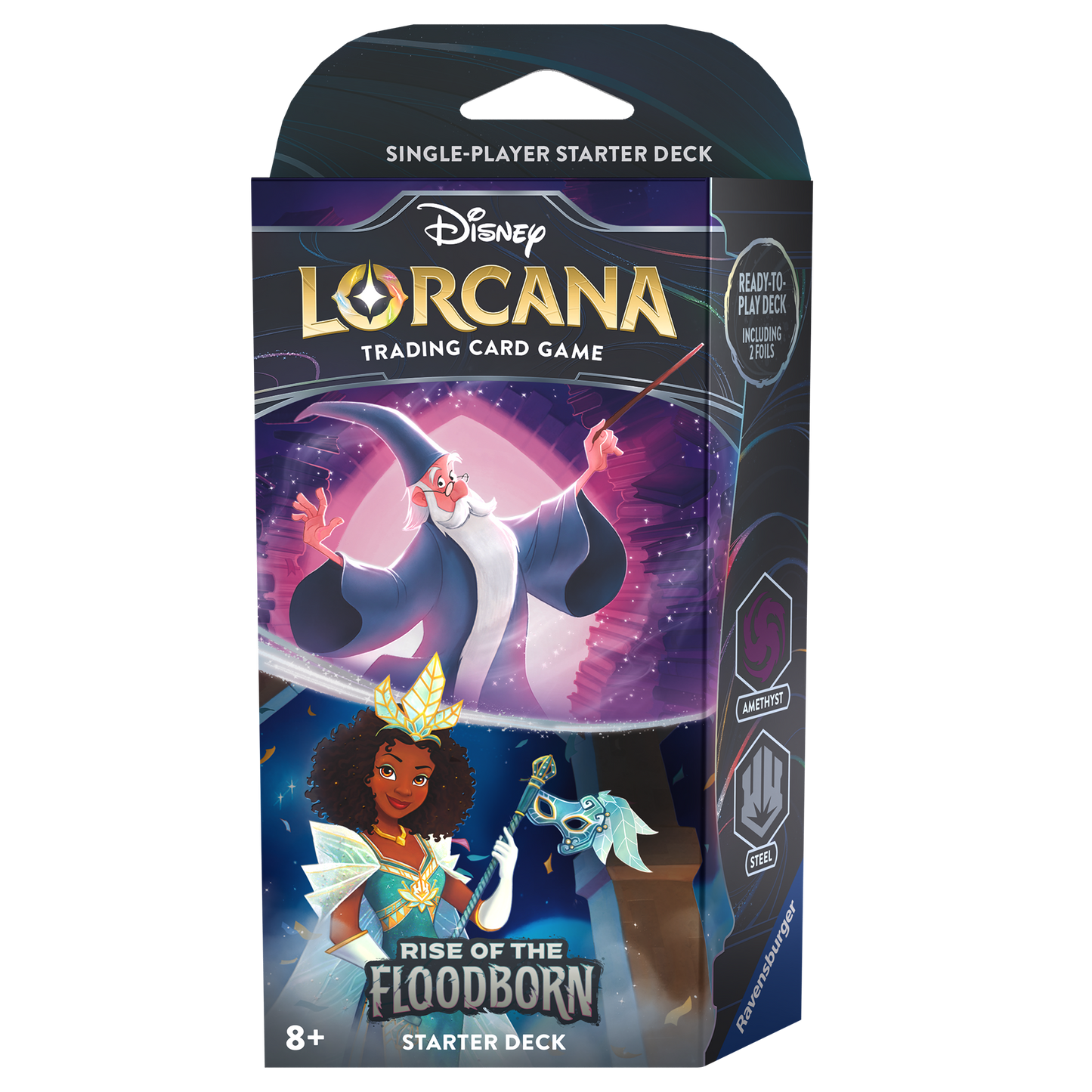 The front of the Disney Lorcana: Rise of the Floodborn Starter Deck (Amethyst & Steel); the front features Merlin and Tiana