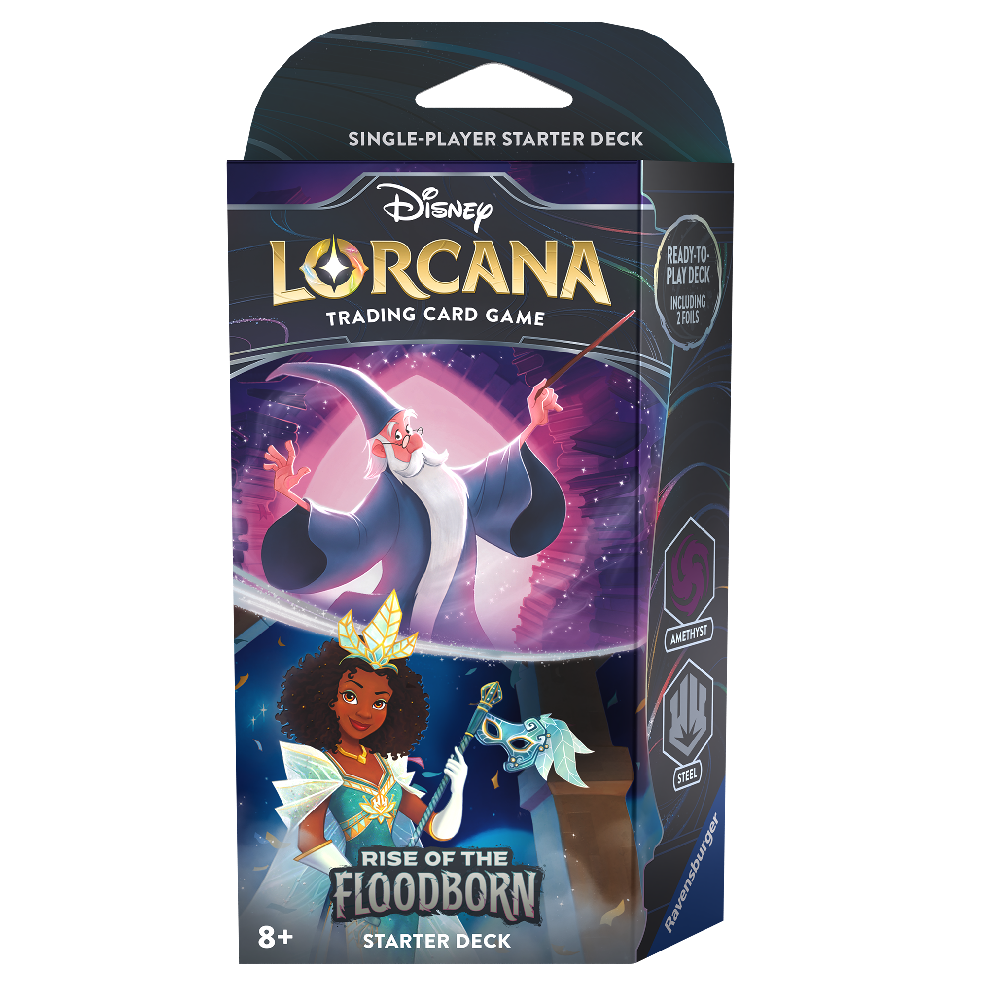 The front of the Disney Lorcana: Rise of the Floodborn Starter Deck (Amethyst & Steel); the front features Merlin and Tiana