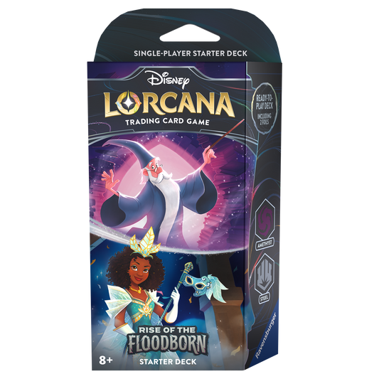 The front of the Disney Lorcana: Rise of the Floodborn Starter Deck (Amethyst & Steel); the front features Merlin and Tiana