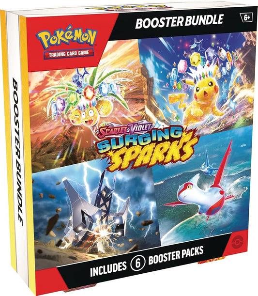 The Surging Sparks Booster Bundle box contains 6 packs and has Latios and Latias, Pikachu, Alolan Exeggutor, and Archaludon on the cover of the box